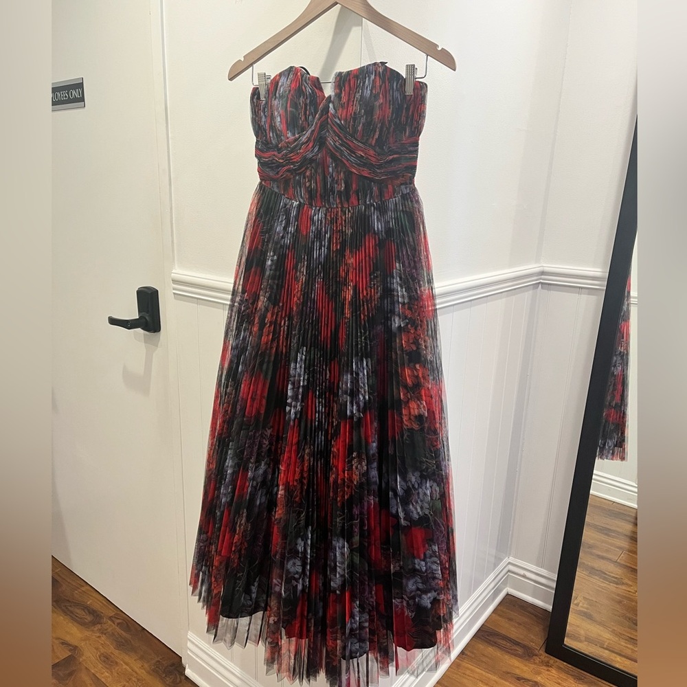 Hutch Strapless Pleated Floral Maxi Dress in Red and Black